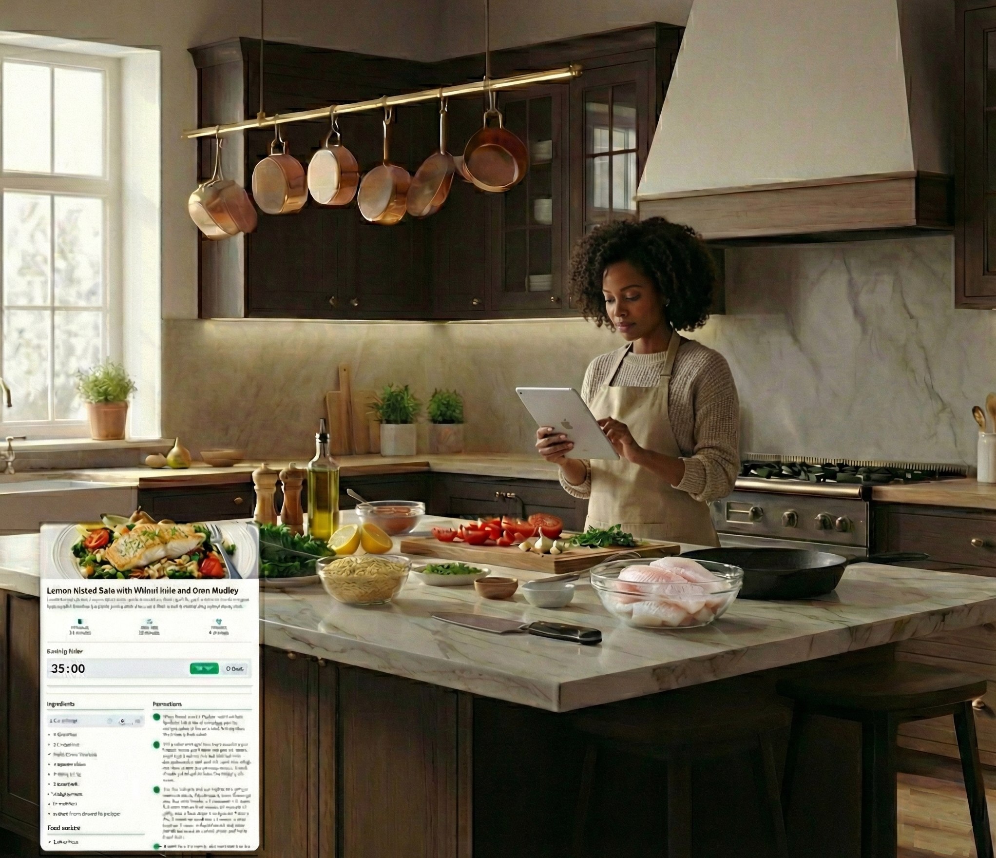 A woman using the Chefs AI app in her kitchen to find a recipe.
